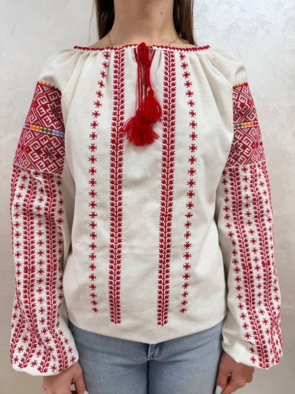 Вишиванка, жіноча вишивана блузка на сірому домотканому полотні (Арт. 03775)
