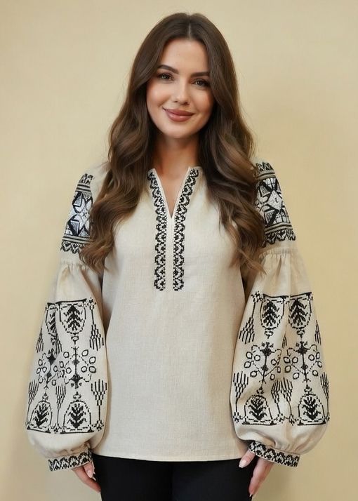 Вишиванка, жіноча вишивана блузка на бежевому льоні "Бохо" (Арт. 03810)