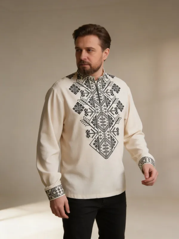 Вишиванка, чоловіча вишита сорочка на сірому домотканому (Арт. 03818)