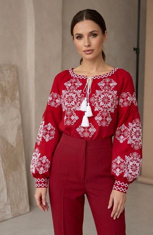 Вишиванка, жіноча вишивана блузка на червоному льоні "Бохо" (Арт. 03280)
