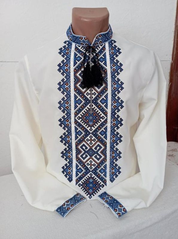 Вишиванка, чоловіча вишита сорочка на молочному домотканому (Арт. 03858)