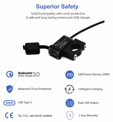 36W Aluminium QC 3.0+USB-C Motorcycle Handlebar USB Charger