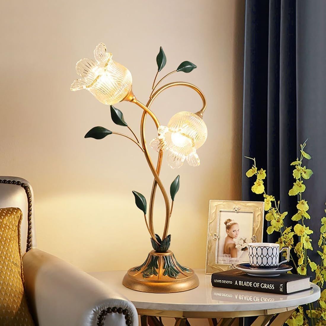 Gold 2-Light Green Leaf Table Lamp