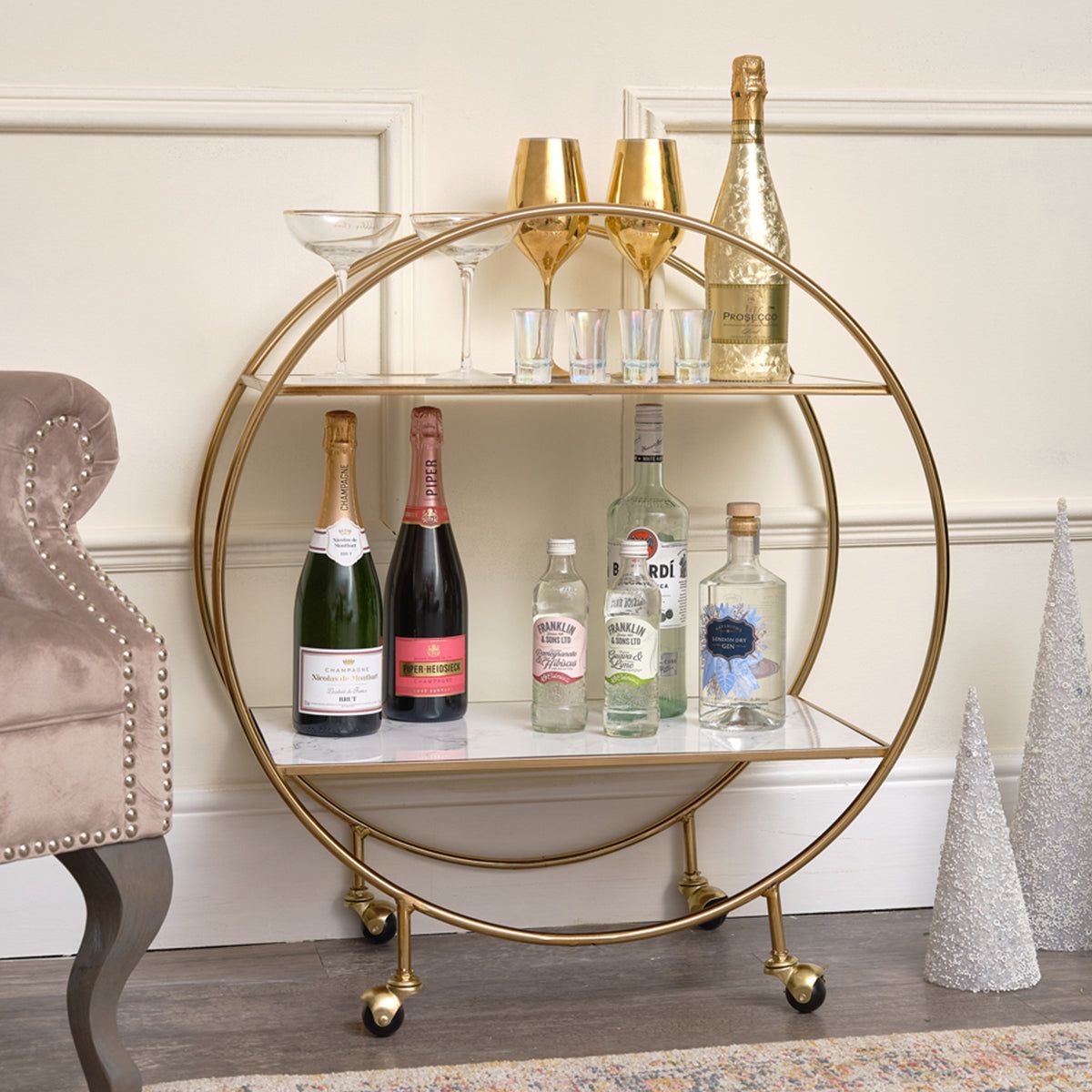 Gold &amp; Marble Round Bar Cart Drinks Trolley