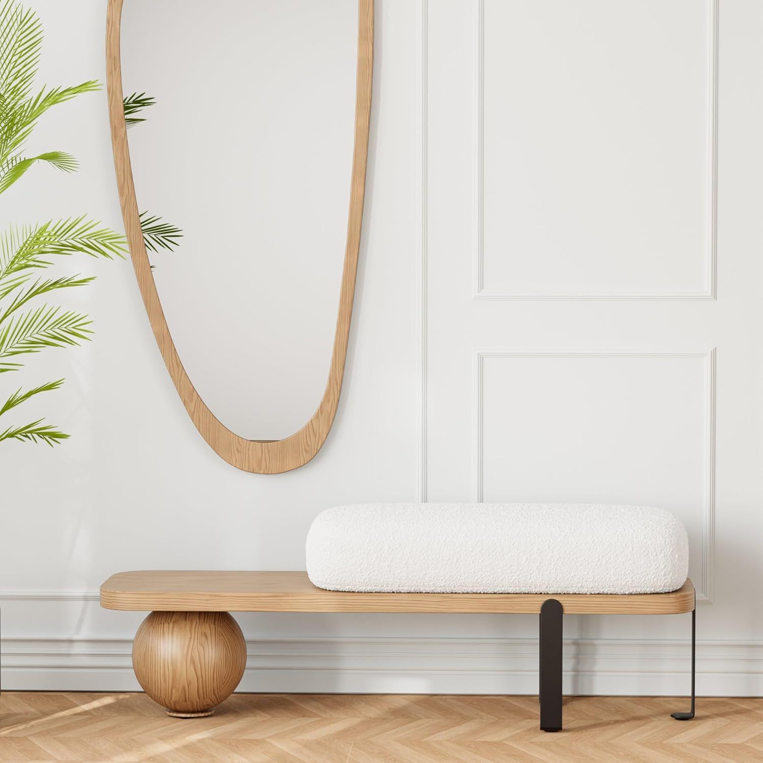Natural Bouclé Wooden Bench