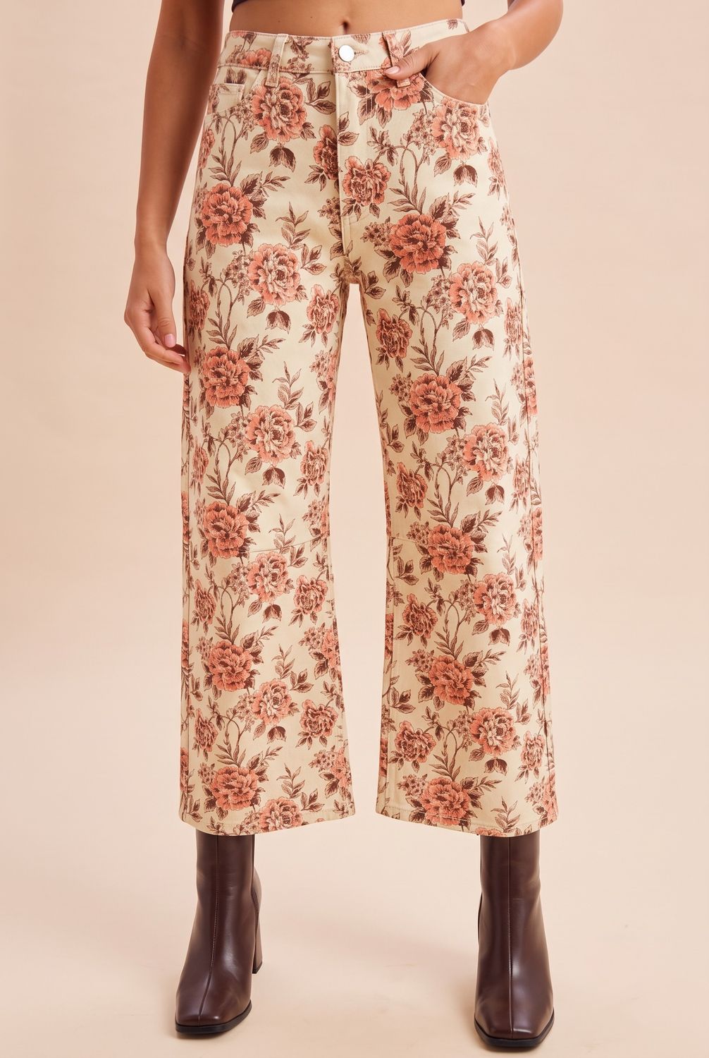 FLORAL STRETCH DENIM WIDE LEG PANTS