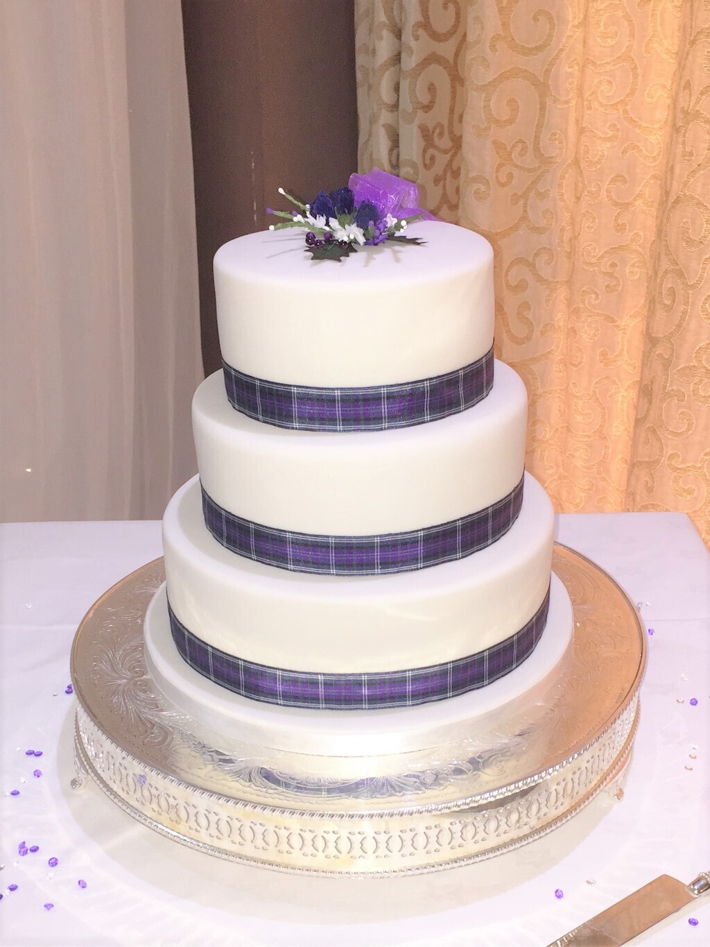 Gretna Green Three-Tier Cake with Tartan Ribbons and Thistles