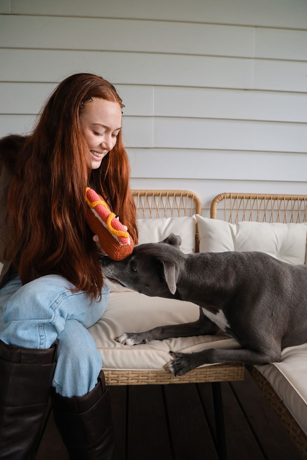 Hand Knit Hot Dog Dog Toy
