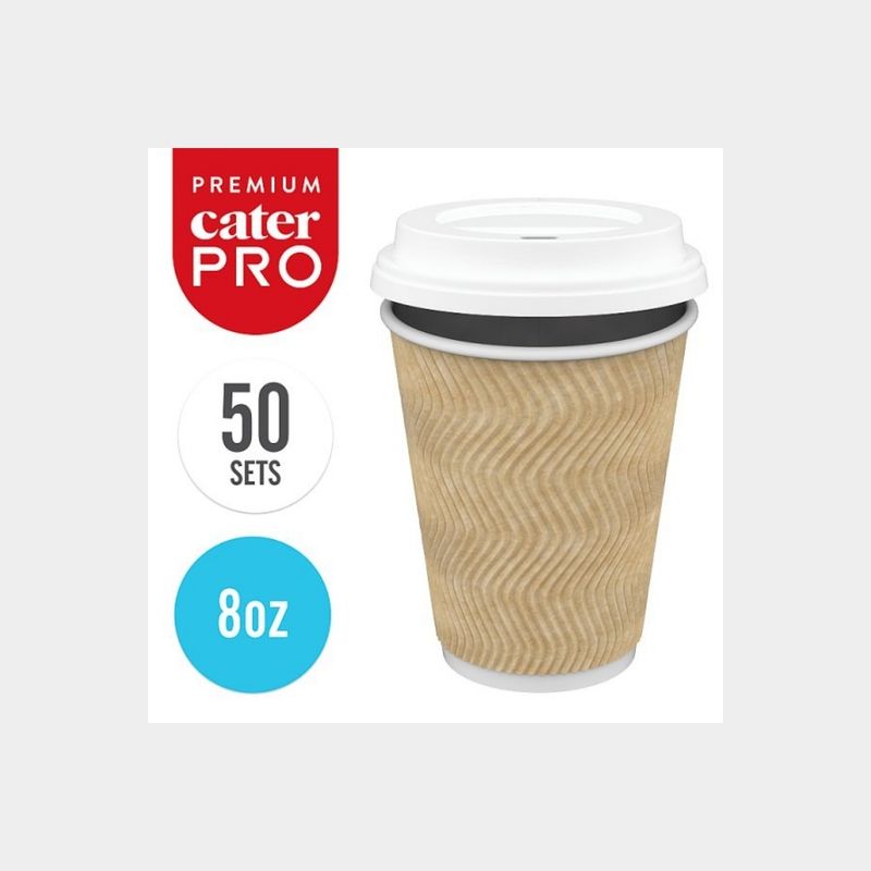 CaterPro Premium 50 PE Lined Paper Triple Wall Cups with PP lids 227ml Insulated Takeaway Coffee cups