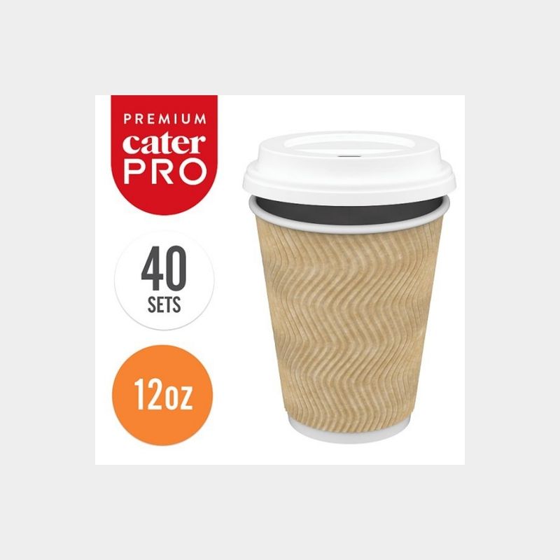 CaterPro Premium 40 PE Lined Paper Triple Wall Cups with PP lids 340ml Insulated Takeaway Coffee cups