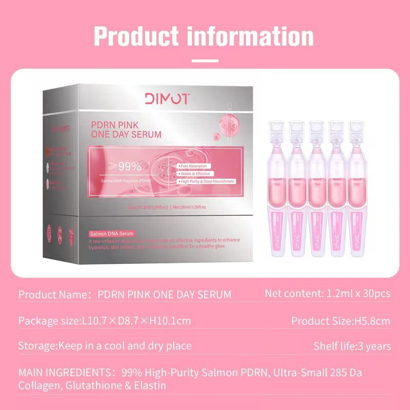 30-PDRN Pink One Day Serum,Hydrating Facial Serum with 99% Salmon DNA, Collagen, Glutathione, Elastin Complex for Intense Moisture,Firming, Repairing & Moisturizing Face Essence,0.05fl*30e