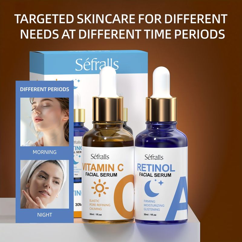 Vitamin C Serum with Hyaluronic Acid & Retinol Serum for Face - Day & Night Set to Brighten, Hydrate & Improve Skin Firmness for All Skin Types, Men & Women