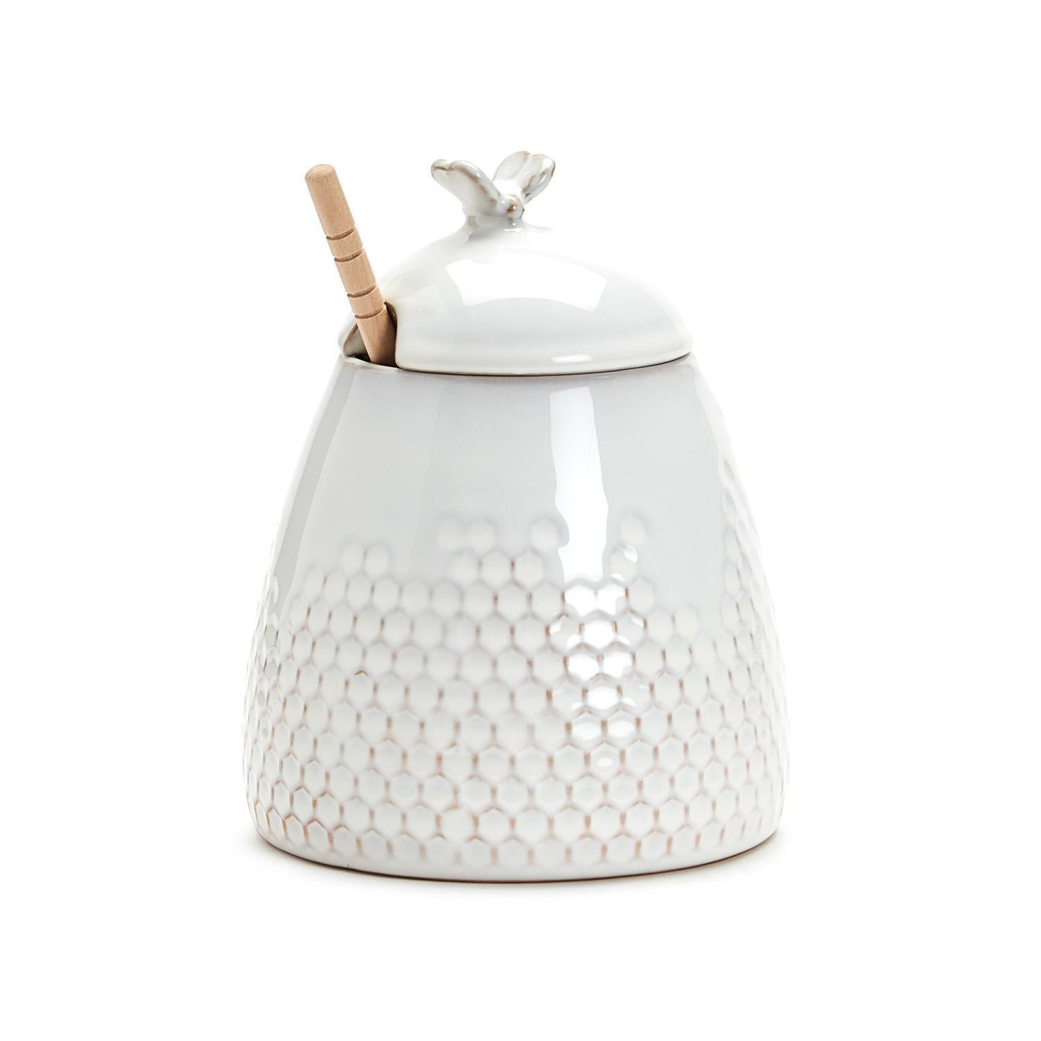 Bee Honeycomb Honey Lidded Jar with Wooden Dipper