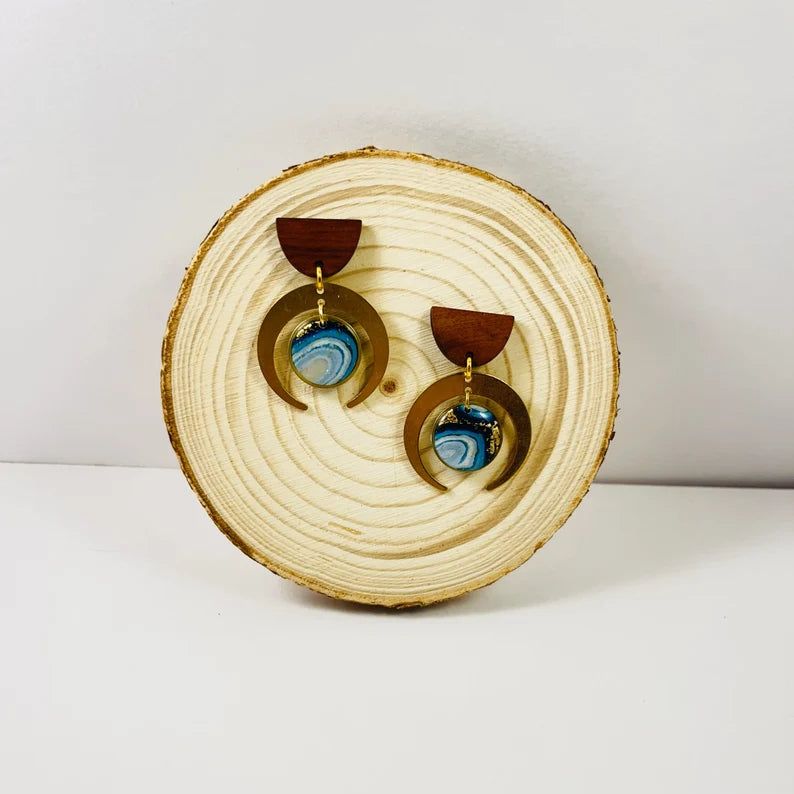 Blue Agate Wood &amp; Metal dangle earring
