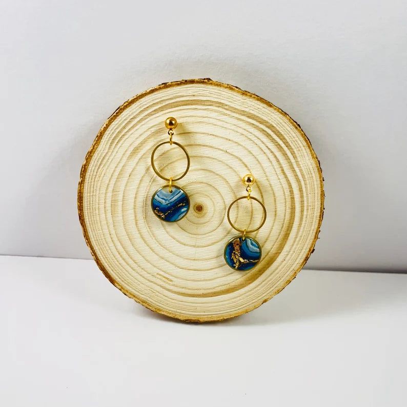 Blue Agate Two Circle in Circle dangle earring