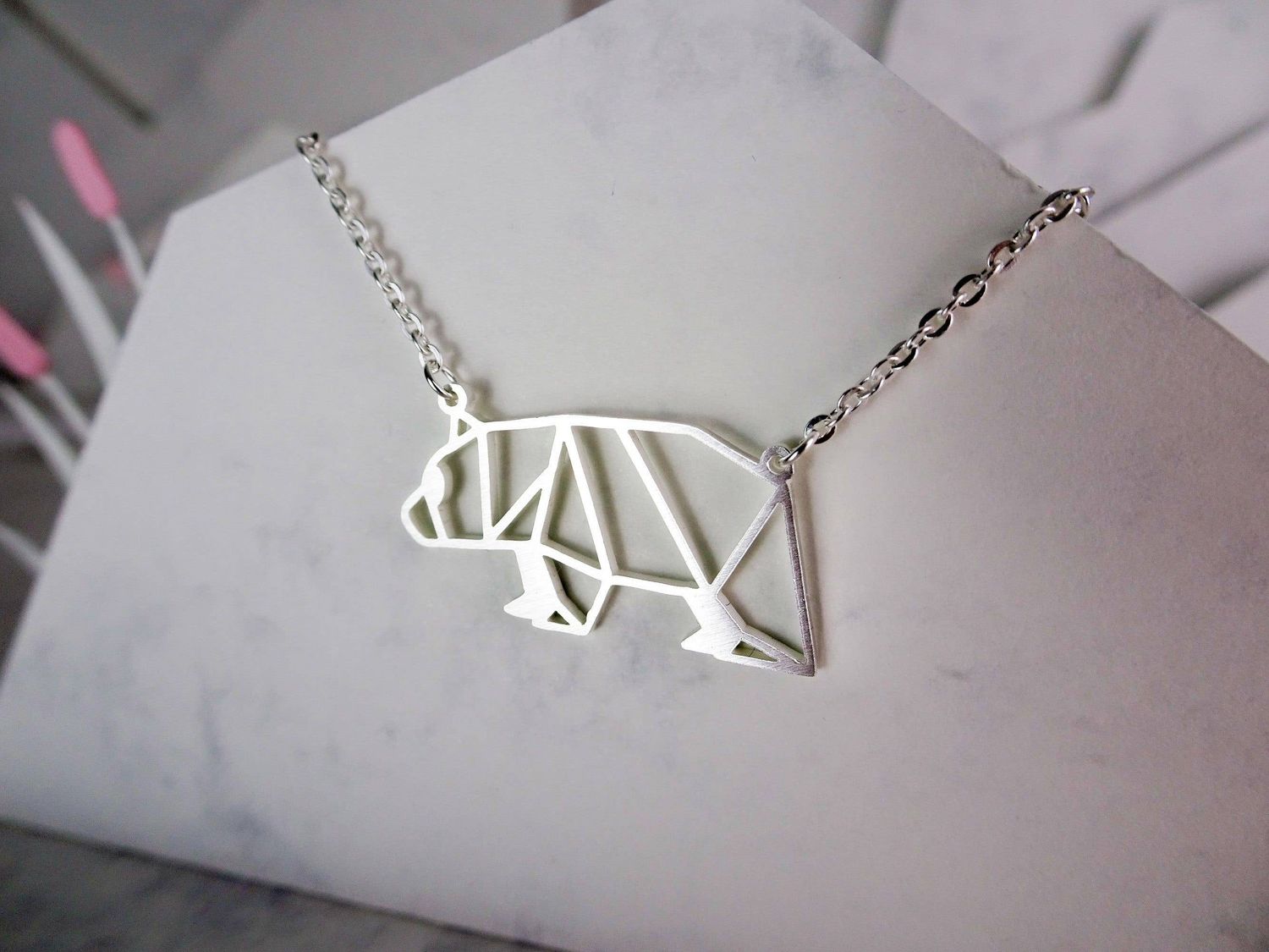 Bear Silver Origami Necklace