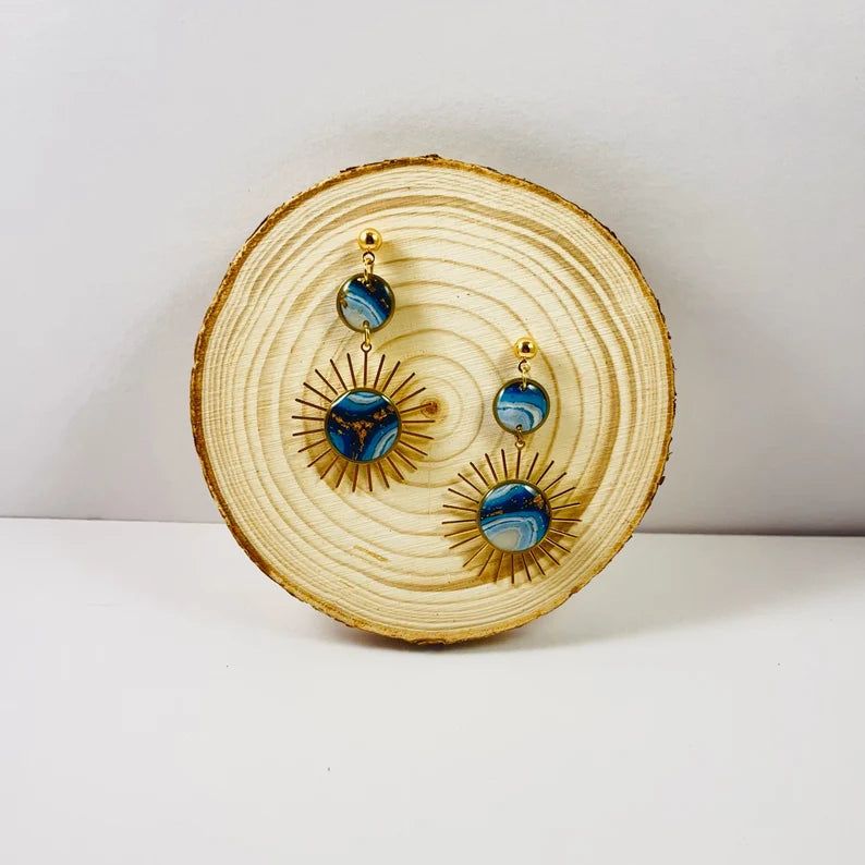 Blue Agate Double Sunburst dangle earring