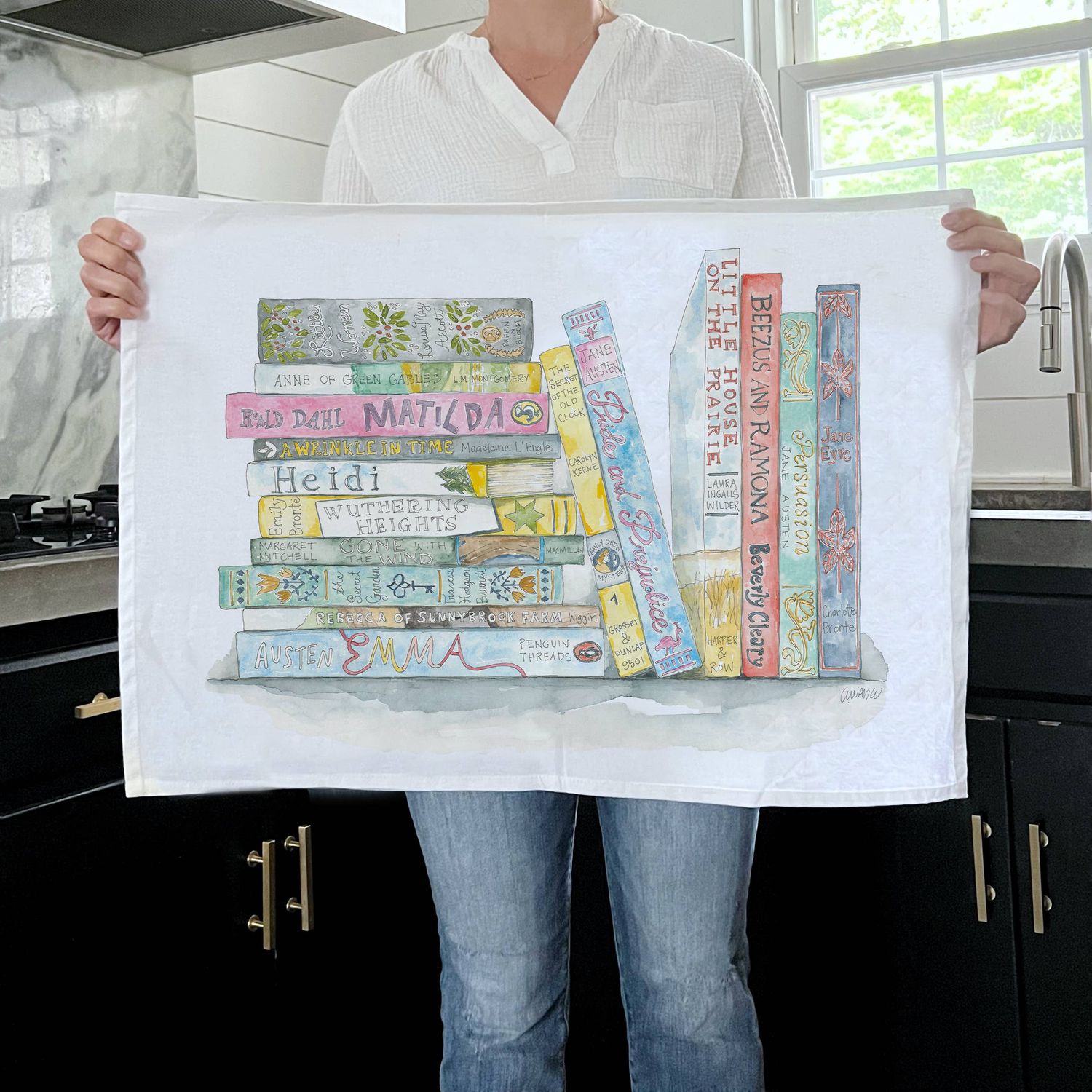 Book Stack Girls Tea Towel