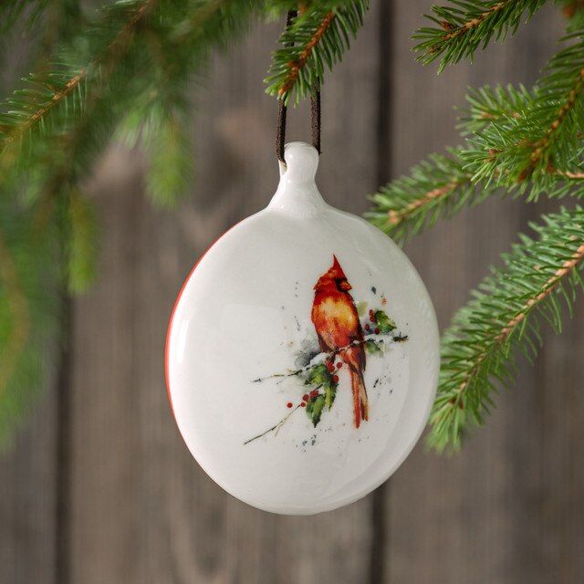 Ceramic Cardinal and Holly Disc Ornament