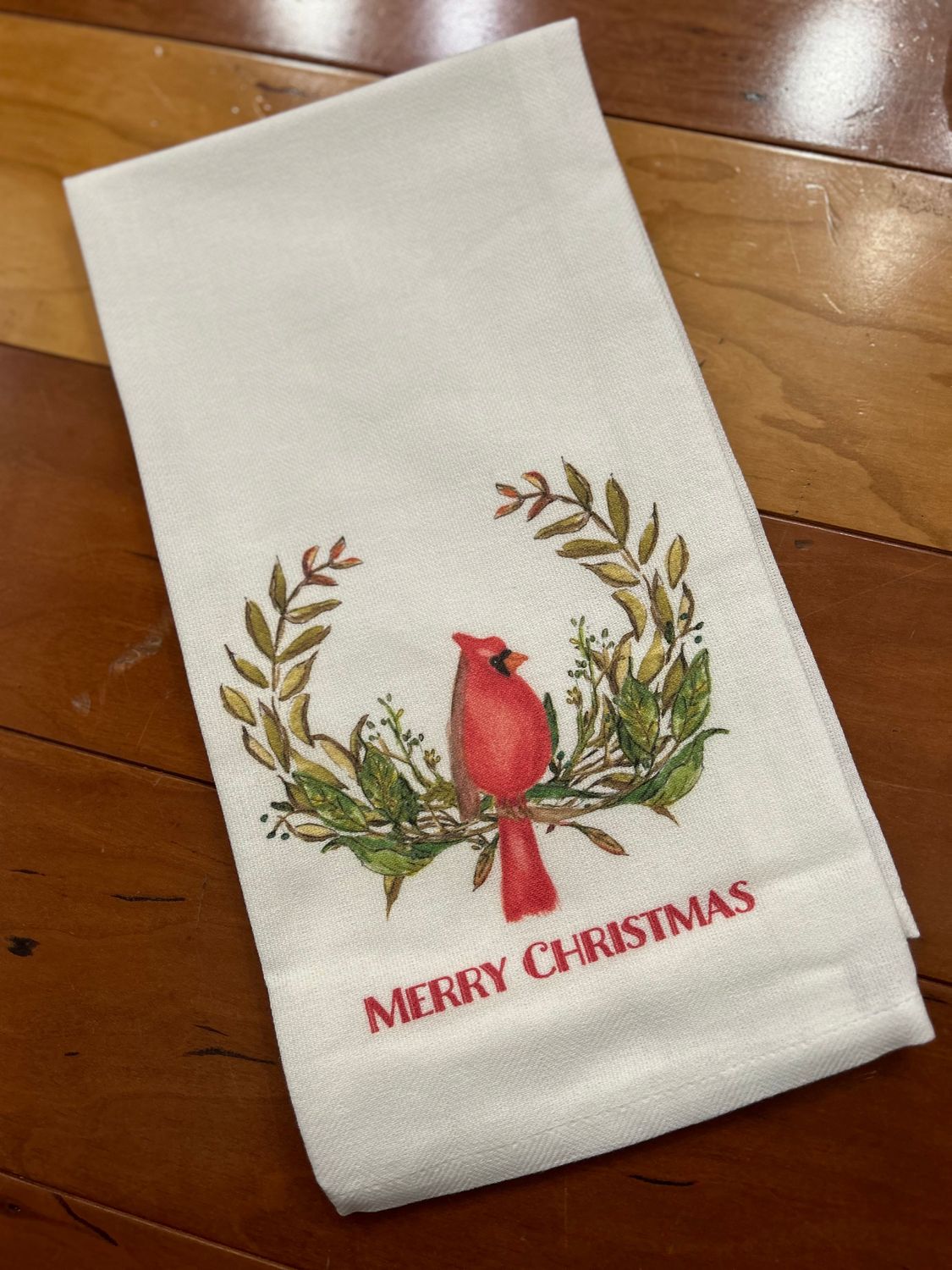 Cardinal in Laurel Wreath Christmas Tea Towel