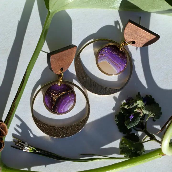 Circle in Circle Agate Earrings - Purple