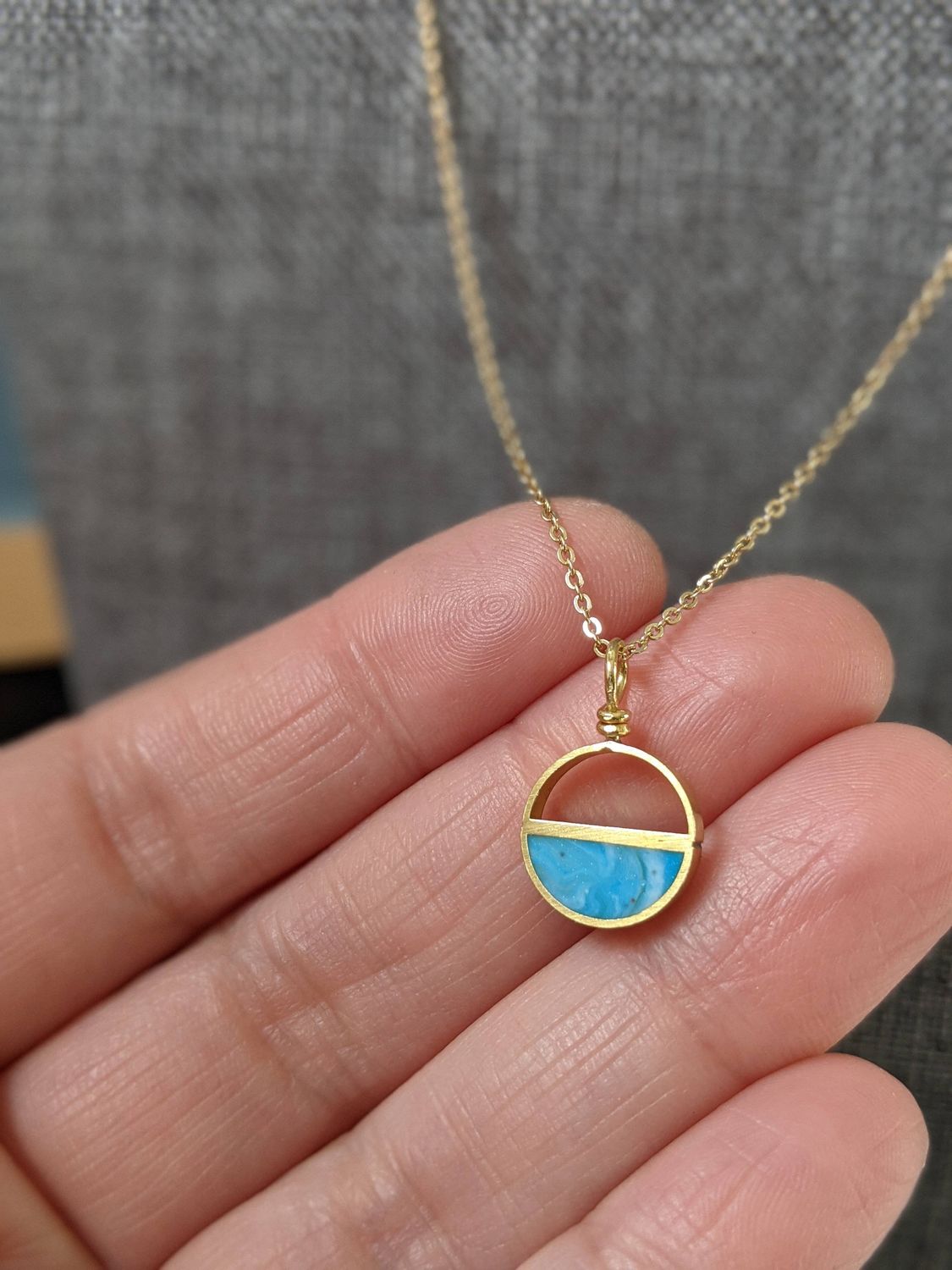 Dainty Double Half Moon Brass And Resin Necklace in Blue