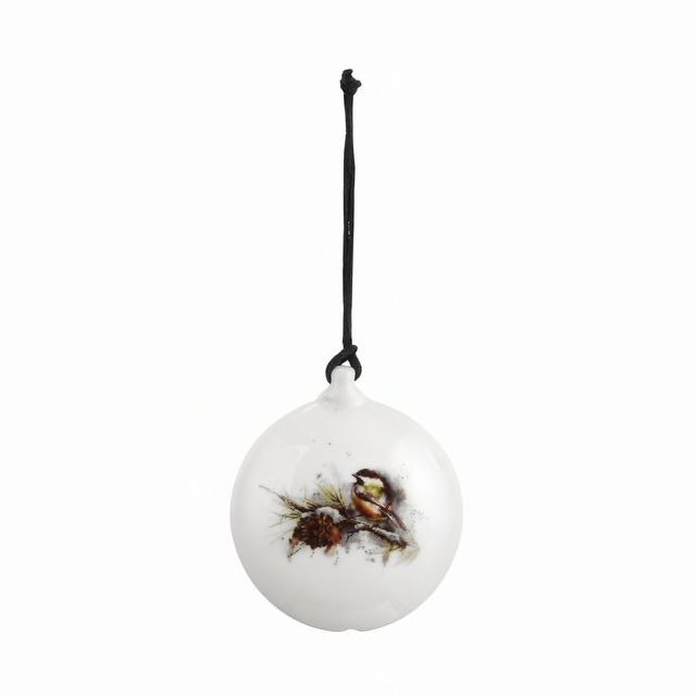 Ceramic Chickadee and Pinecone Disc Ornament