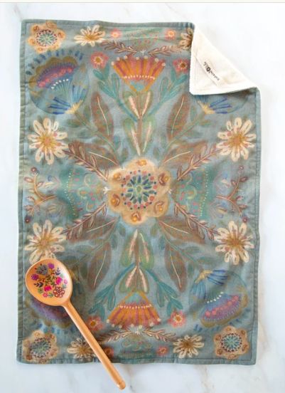 Cotton Dish Towel - Dusty Blue Folk Flower