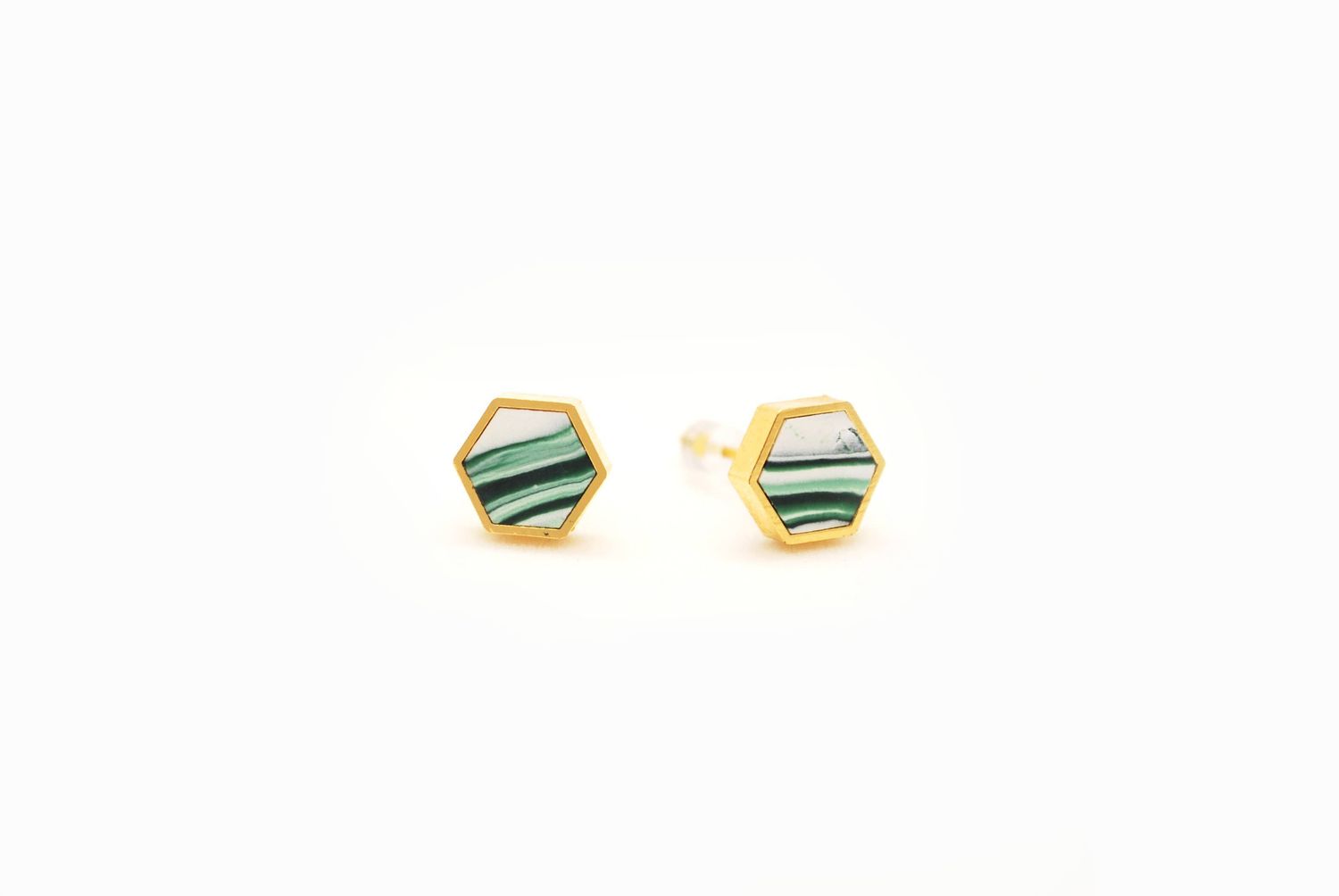 Forest + White Marble Hexagon Stud Earrings