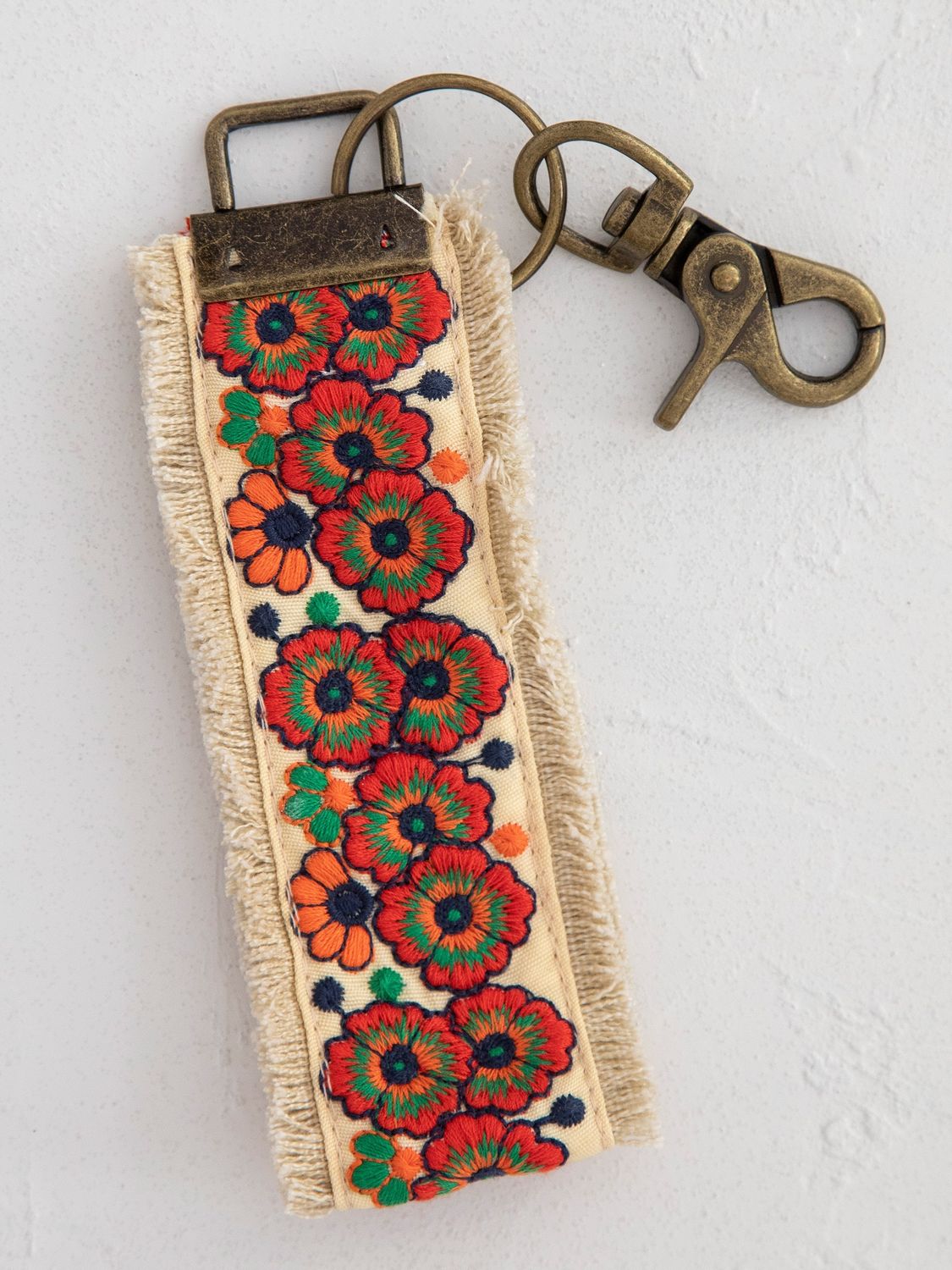 Embroidered Key Fob in Cream Orange