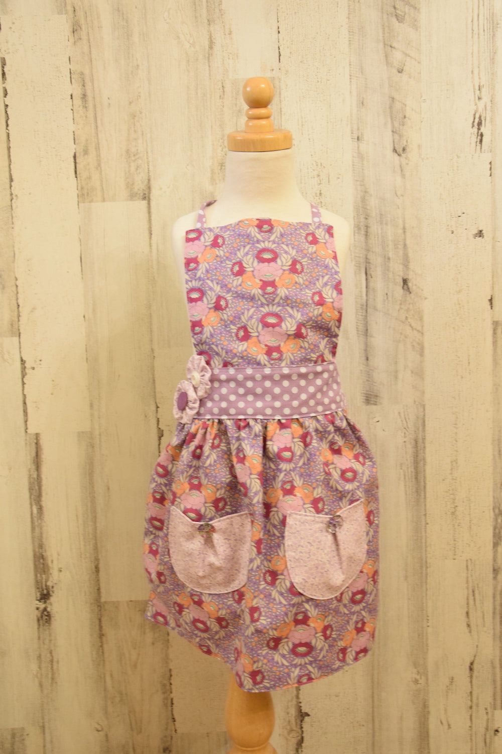 Girls Apron with purple floral and polka dot prints