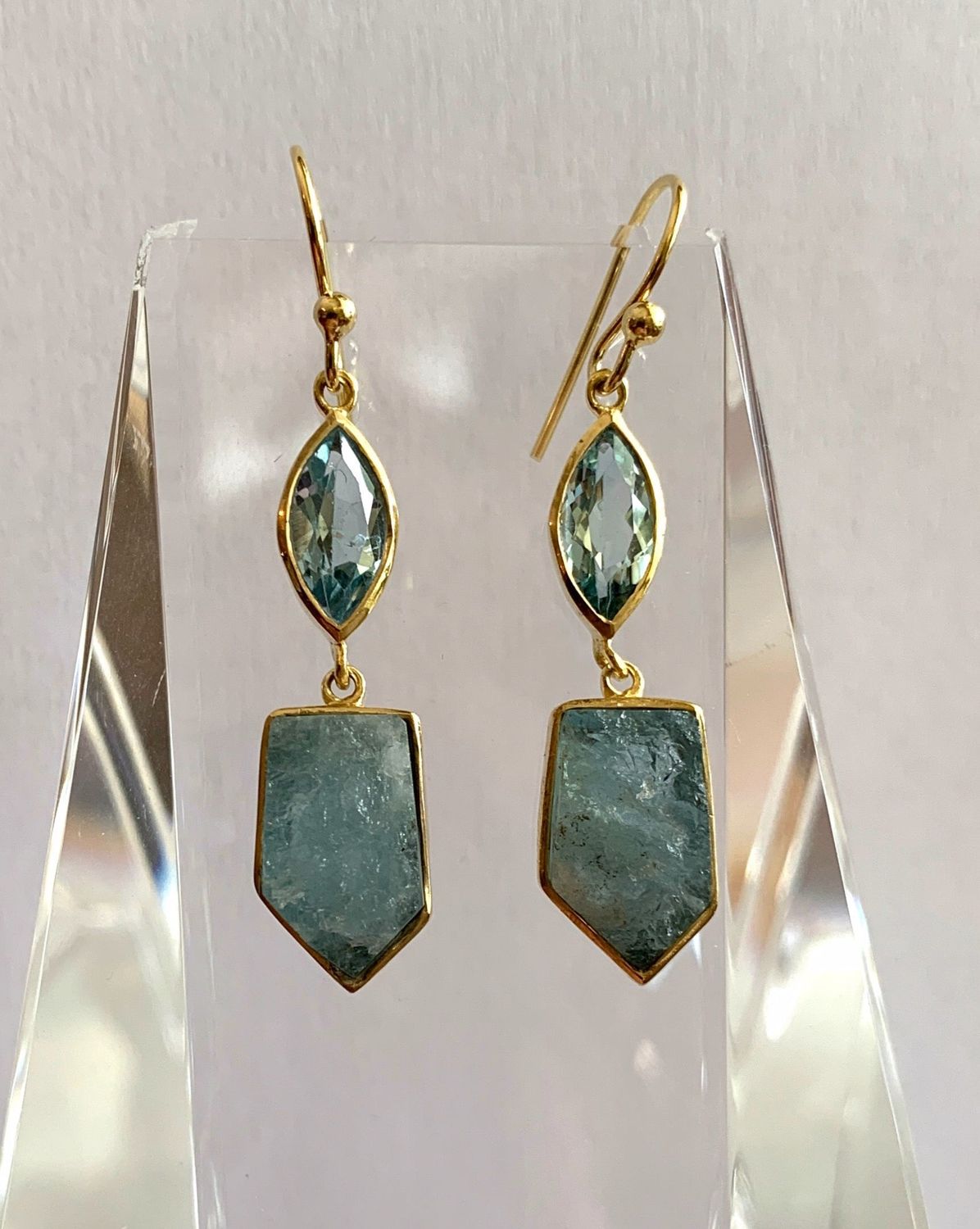 Gold Blue Topaz and Aquamarine Drop Earrings