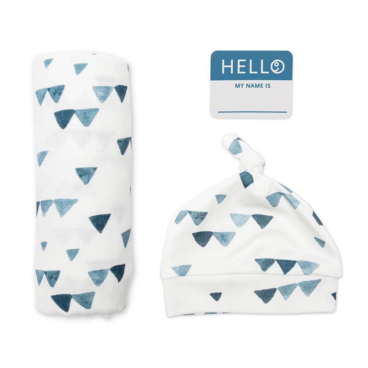 Hello World Blanket &amp; Knotted Hat Set - Navy Triangles