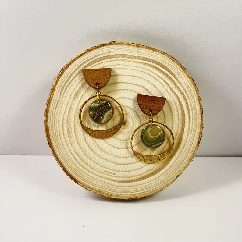 Green Agate Circle in Circle dangle earring