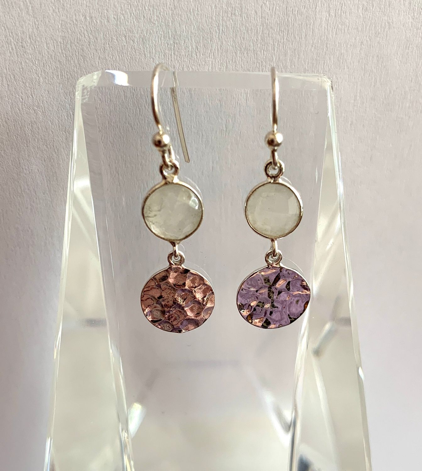 Hammered Disk Rainbow Moonstone Earrings
