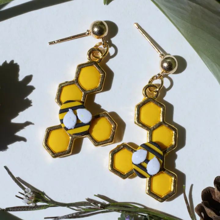 Large Honeycomb Bee Earrings