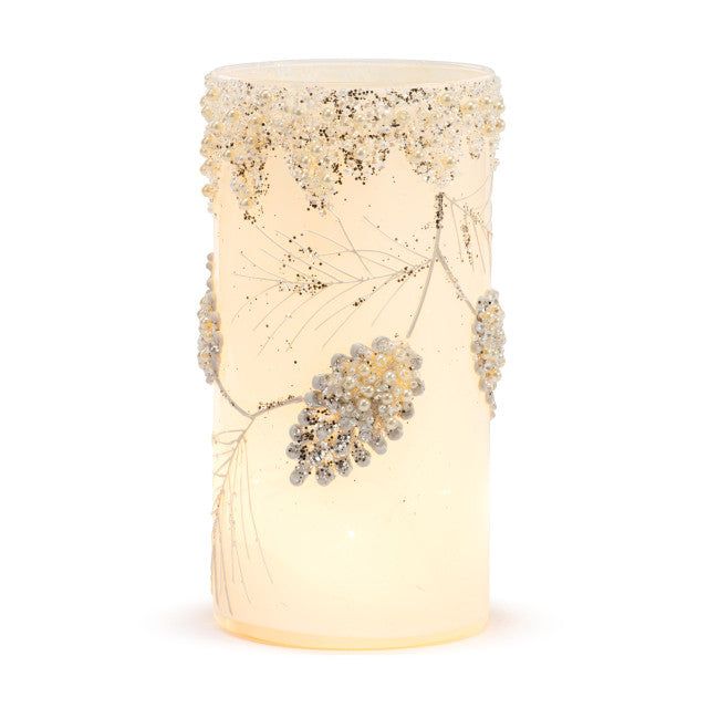 Lit Cylinder with Glitter Leaves
