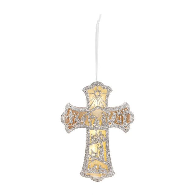 Lit Nativity Scene Cross Ornament