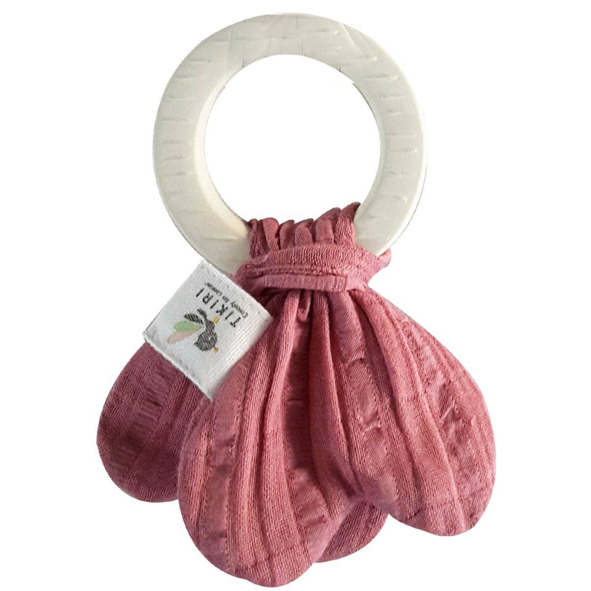Natural Rubber Teething Ring w/Dusty Pink Muslin Tie