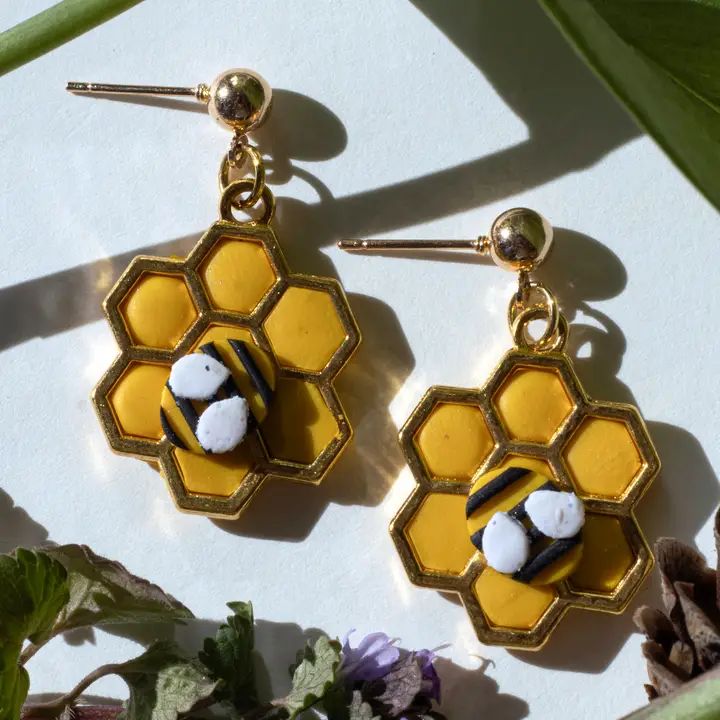 Medium Honeycomb Bee Earrings