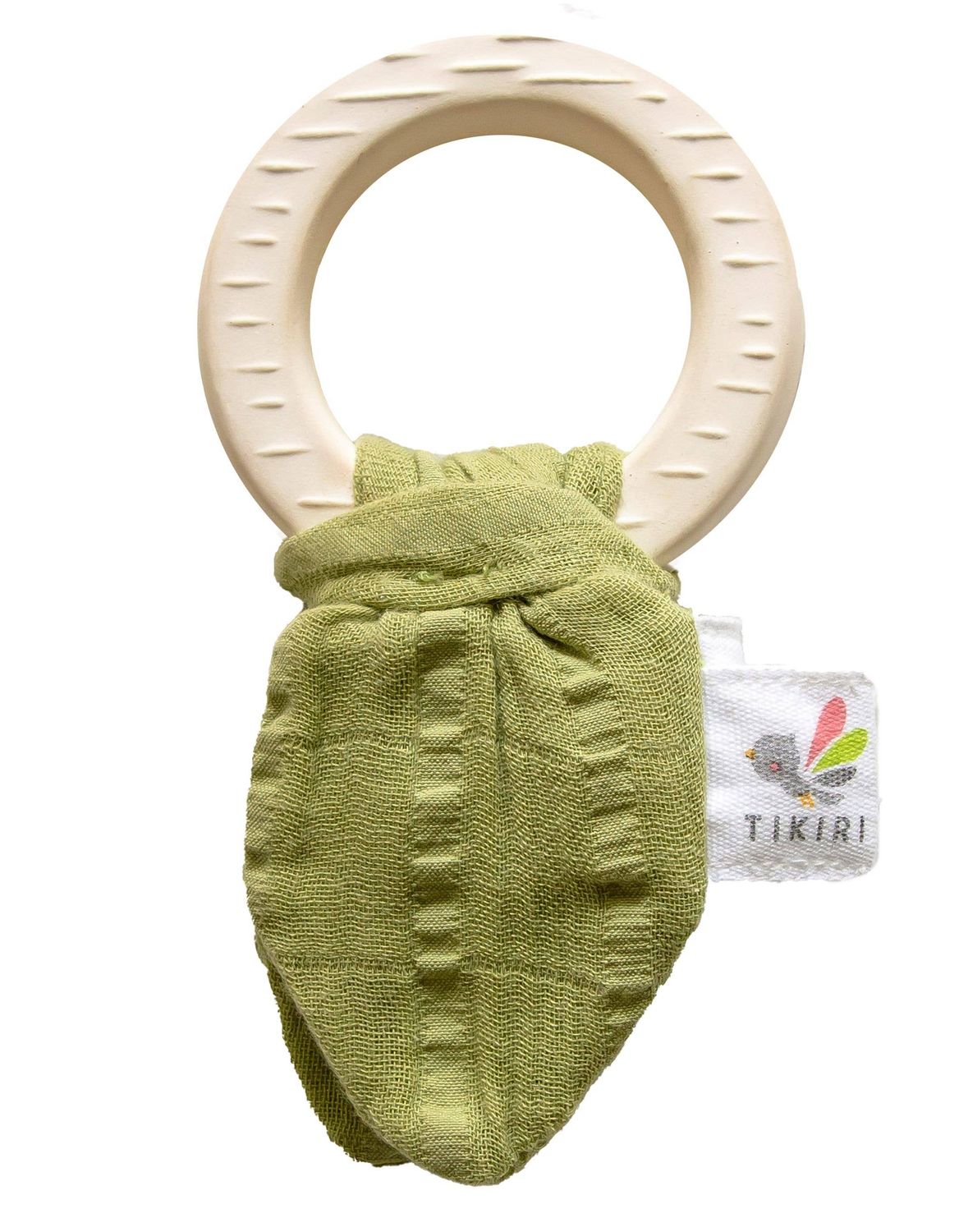 Natural Rubber Teething Ring with Olive Green Muslin Tie