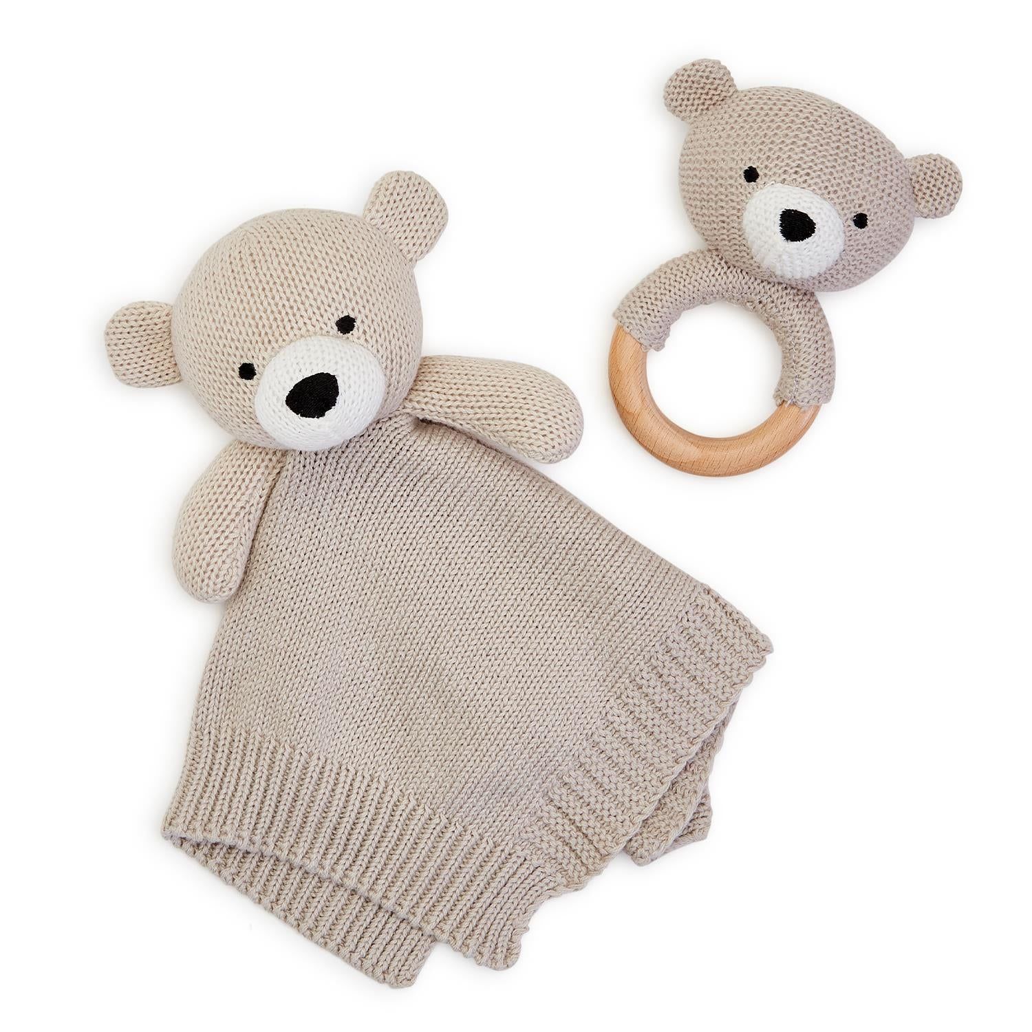 Oh So Bear-y Sweet Knitted Baby Snuggle and Rattle Set