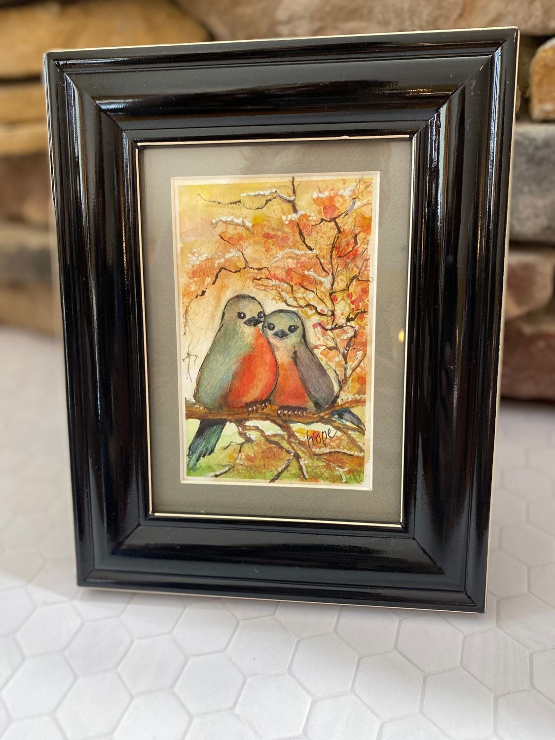 Original Watercolor Robin LovebirdsRedbreast 3 1/2" x 5" Matted &amp; Framed Print