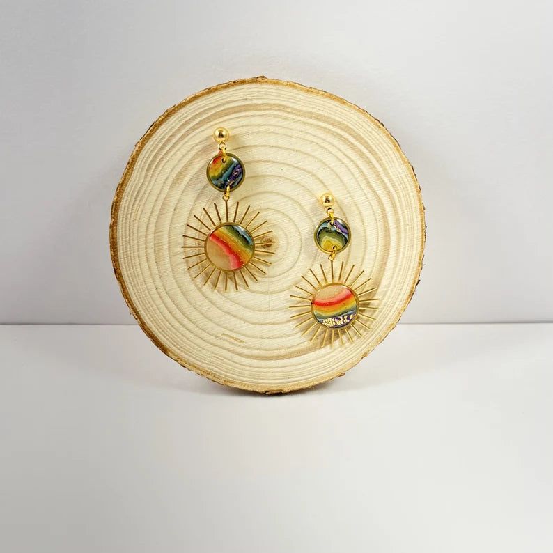 Rainbow Agate Double Sunburst dangle earring