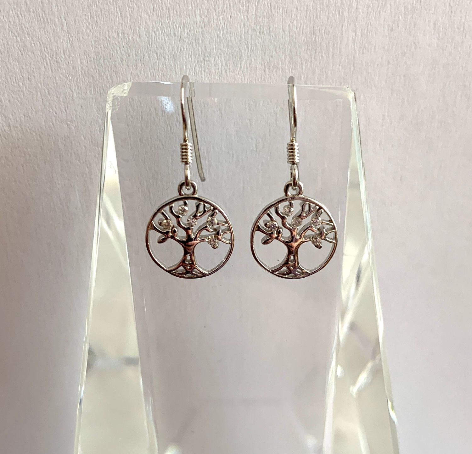 Rhodium Plated CZ Tree of Life Earrings