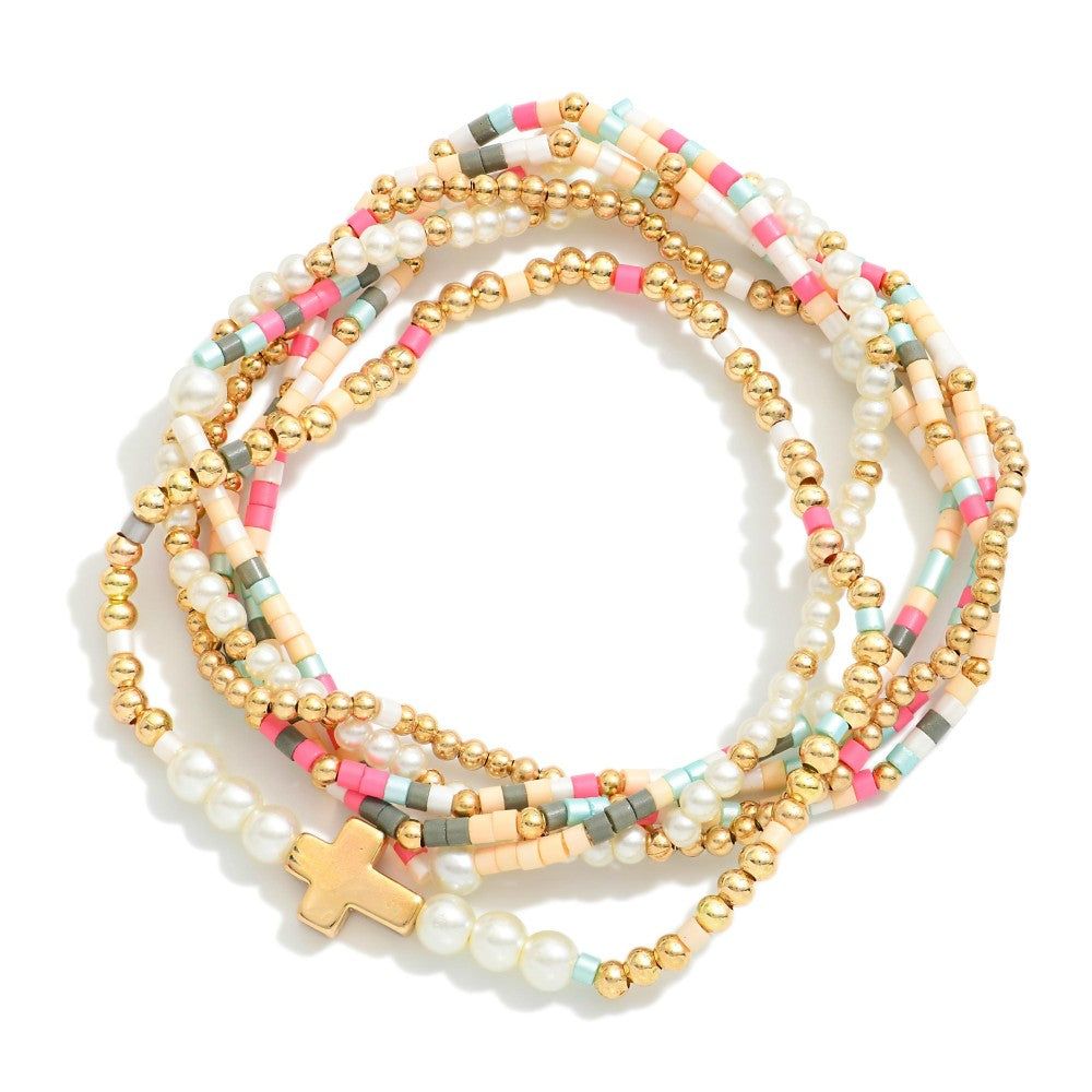 Set of 6 Dainty Multi-faceted beaded Bracelets with cross accent