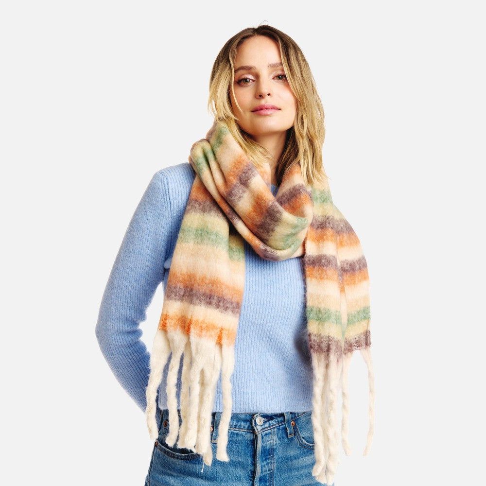 Soft Fuzzy Horizontal Stripe Scarf With Tassel