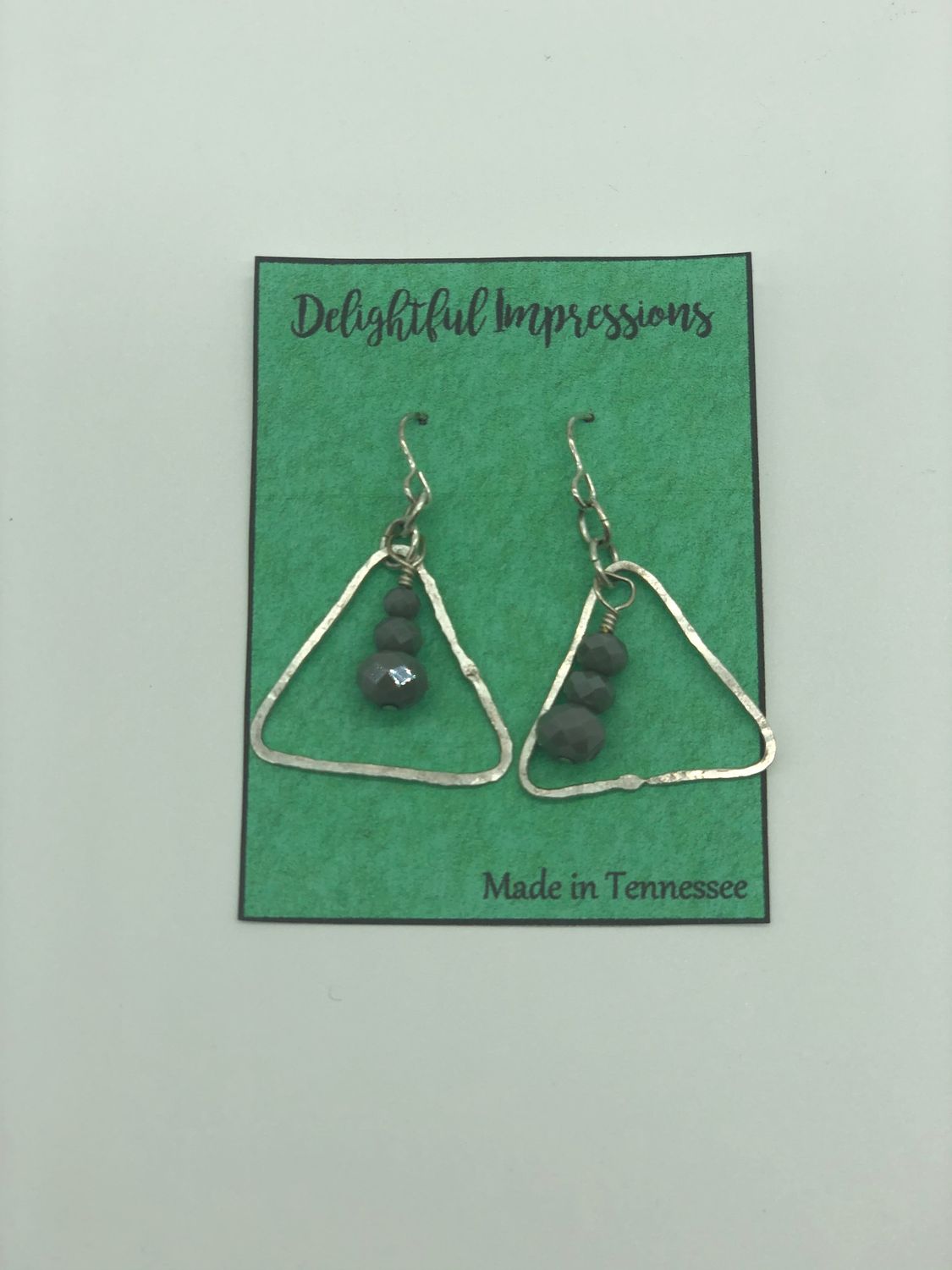 Sterling Silver Large Triangle Earrings With Grey Stone