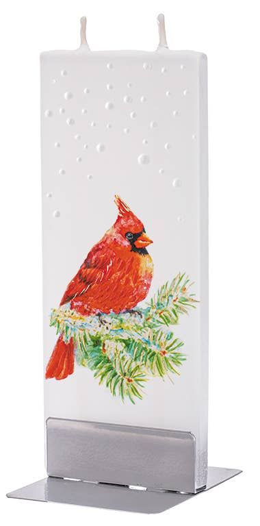 Snowy Cardinal on Pine Branch -Flat Handmade Candle