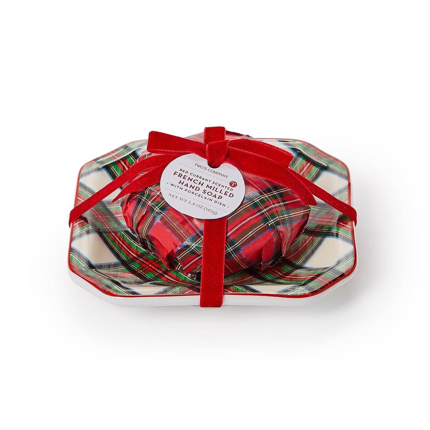Tartan Red Currant Scented French Milled Soap with Porcelain Tray